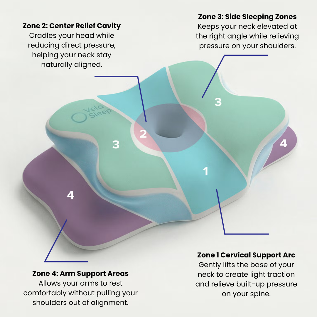 VelaSleep Pillow orthopedic butterfly design infographic